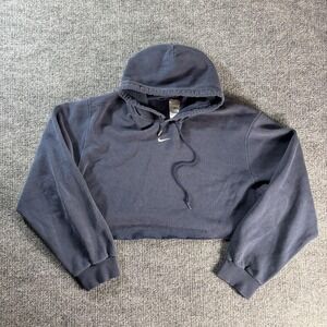 Nike Hoodie Womens Large Blue Cropped Fleece Pullover Swoosh Logo Raw Hem